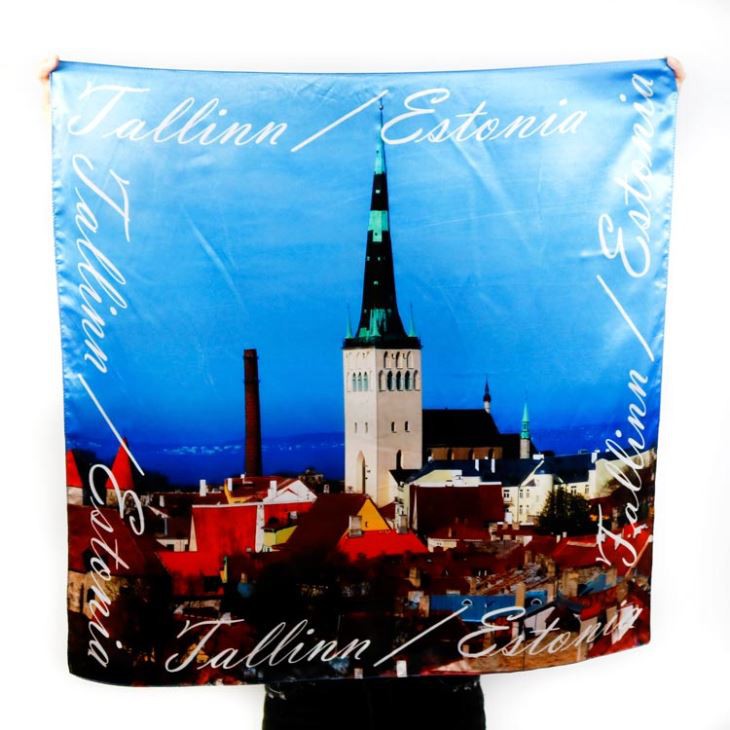 Blue Printed Design Poly Satin Scarf