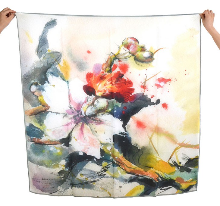 Digital Print Satin Georgette Silk Shawls For Art Gallery Chiness Painting Design