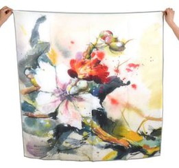 Digital Print Satin Georgette Silk Shawls For Art Gallery Chiness Painting Design