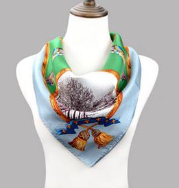England Client Screen Print Green Silk Satin Scarf
